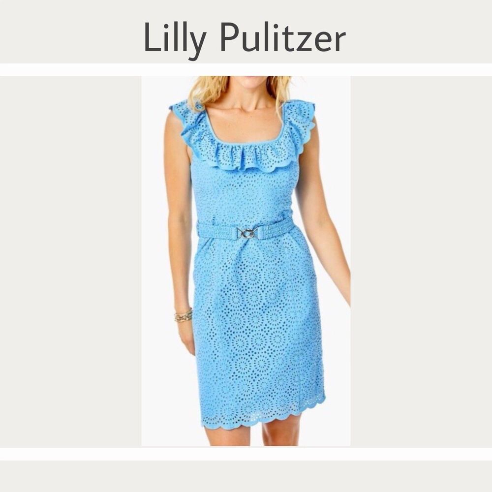 Lilly Pulitzer Blue Eyelet Ruffle Belted Sheath Dress